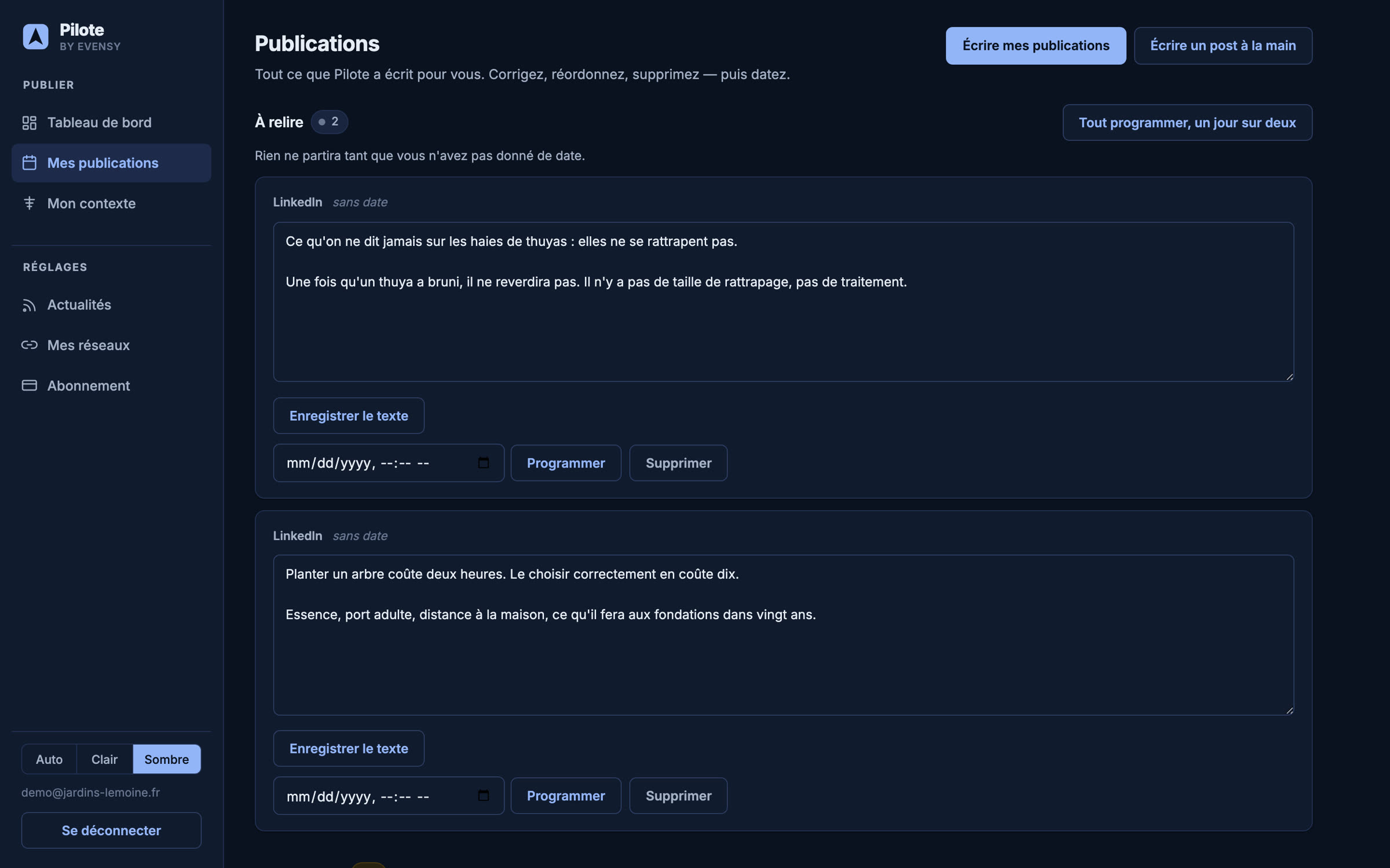 L'écran Publications de Pilote : les publications d'un paysagiste, chacune avec son texte modifiable, sa date et ses actions.